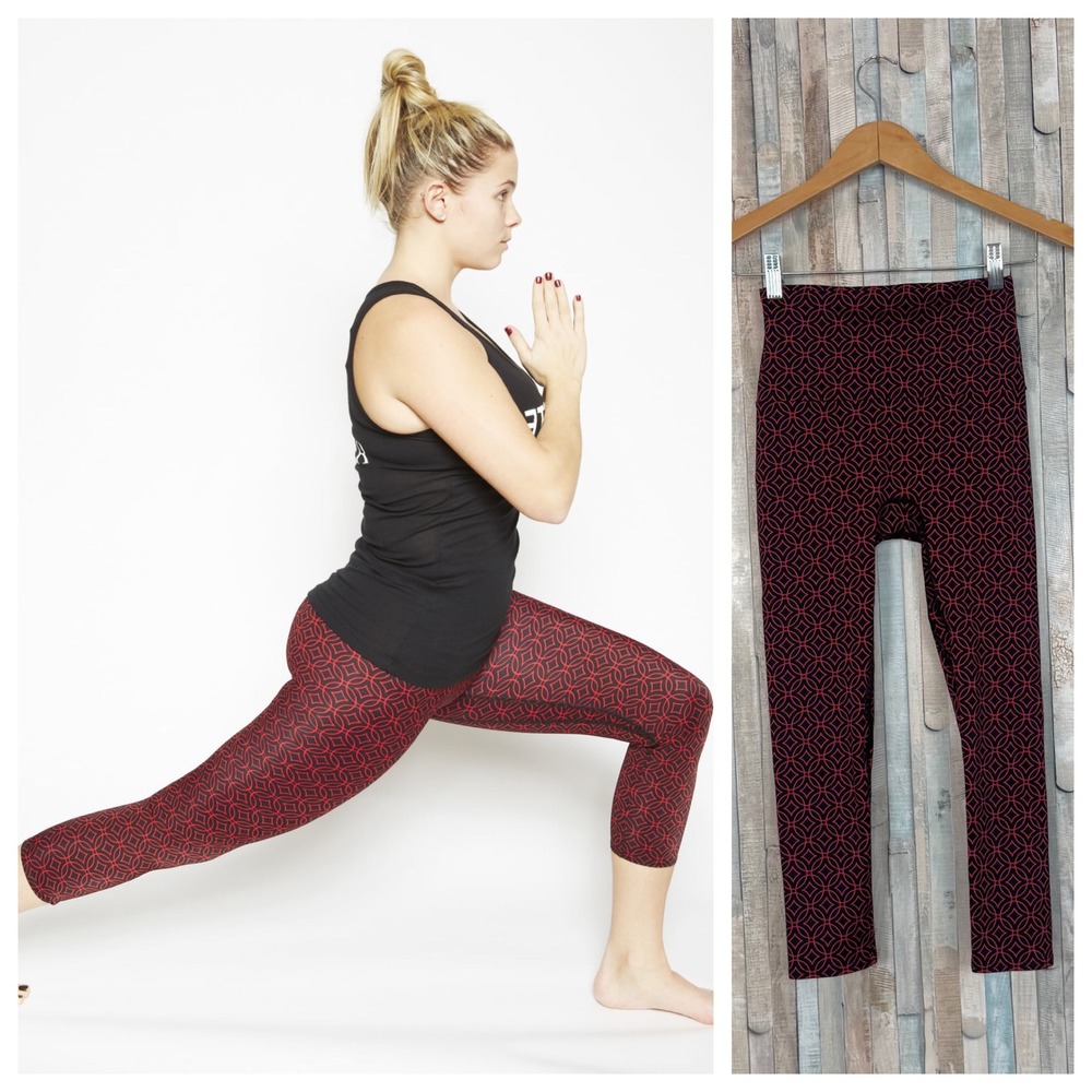 K-Deer S Empire Leggings Red & Black Geometric High Waist Yoga Crop Made in USA